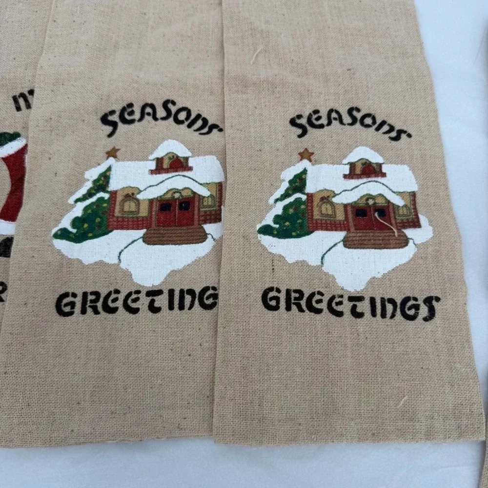 Christmas Wine Gift Bags Burlap Holiday Character Set of 6 with 3 Tie Charms